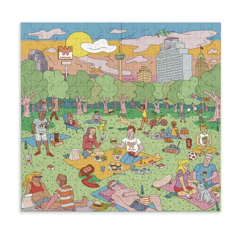 Colorful park scene with people relaxing and city skyline in background