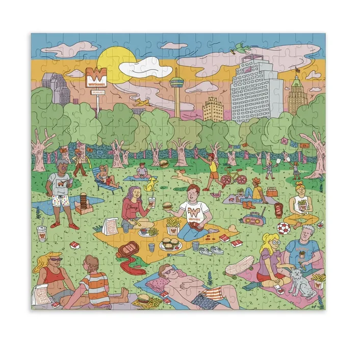 Colorful park scene with people relaxing and city skyline in background