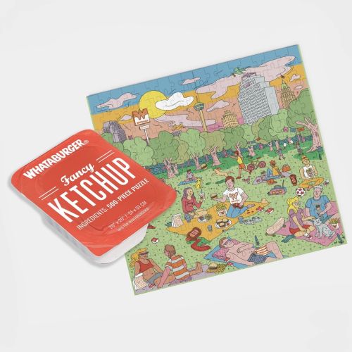 Colorful illustrated puzzle with park scene and Whataburger ketchup packet