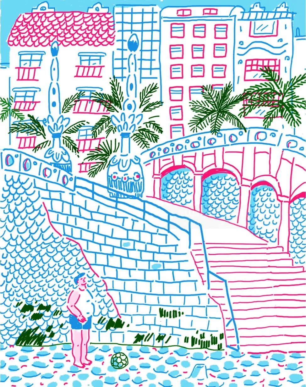 Colorful sketch of San Sebastian buildings, stairs, and riverbank