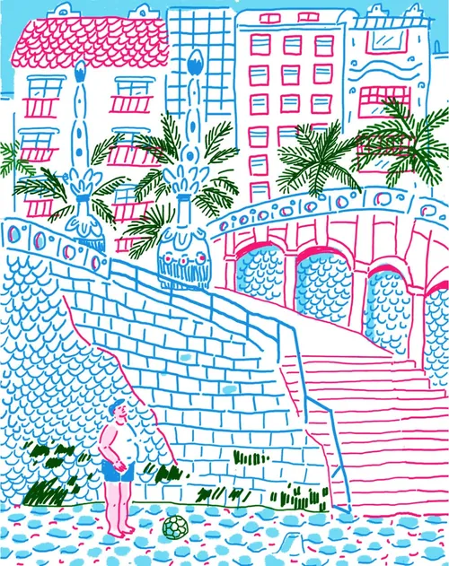 Colorful sketch of San Sebastian buildings, stairs, and riverbank