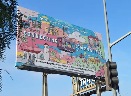Colorful billboard illustration promoting tram to Dodger Stadium in Los Angeles