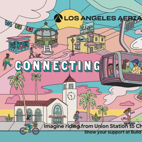 Illustration of Los Angeles aerial tram connecting communities to Dodger Stadium