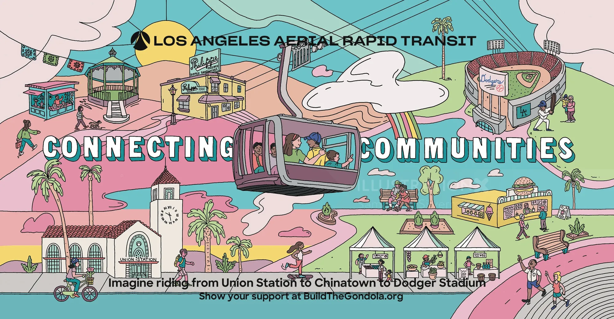 Illustration of Los Angeles aerial tram connecting communities to Dodger Stadium