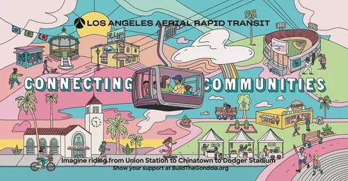 Illustration of Los Angeles aerial tram connecting communities to Dodger Stadium