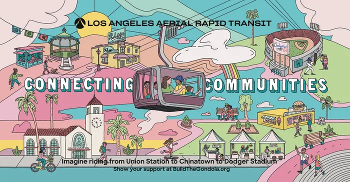 Illustration of Los Angeles aerial tram connecting communities to Dodger Stadium