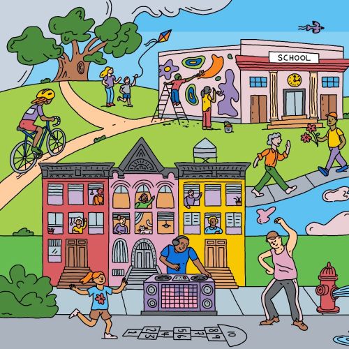 Colorful illustration of diverse people engaging in community activities outdoors