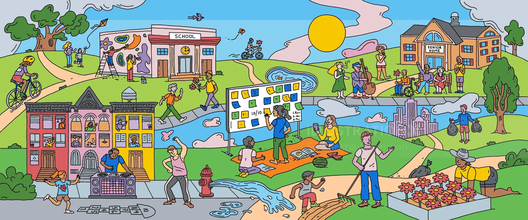 Colorful illustration of diverse people engaging in community activities outdoors