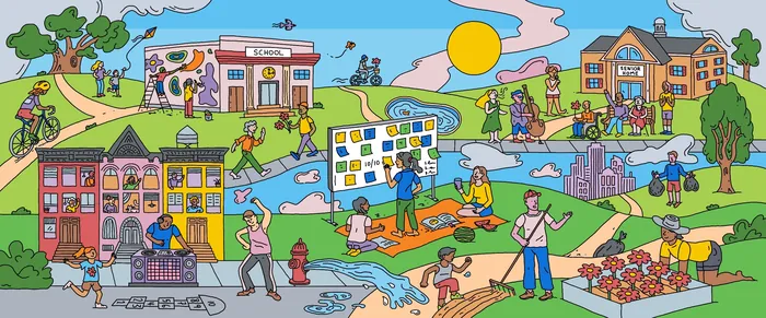 Colorful illustration of diverse people engaging in community activities outdoors