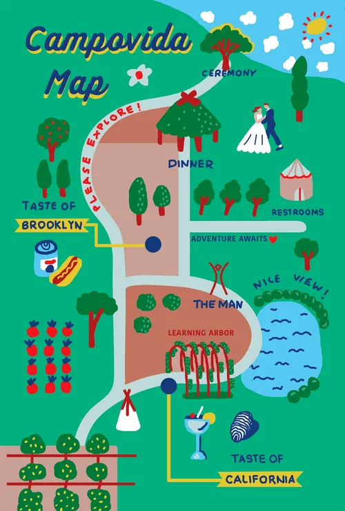 Colorful map of wedding venue with icons and paths by Samantha Silverman