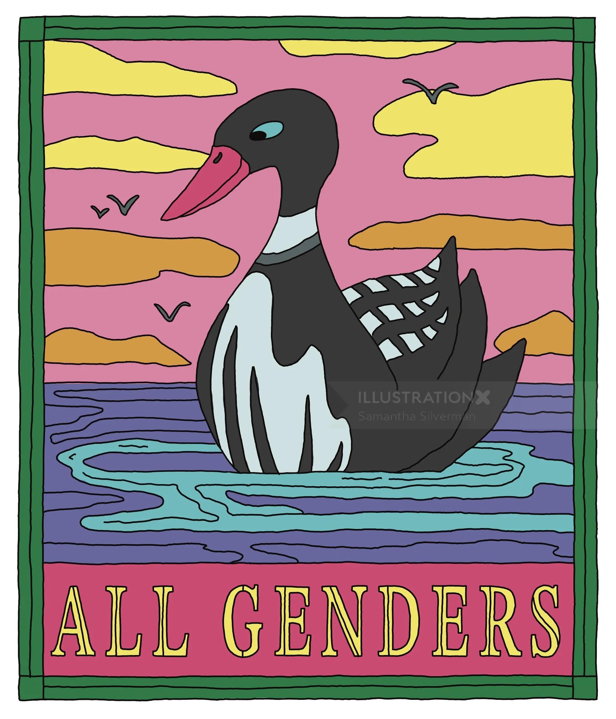 Bathroom sign with black and white duck on water at sunset by Samantha Silverman