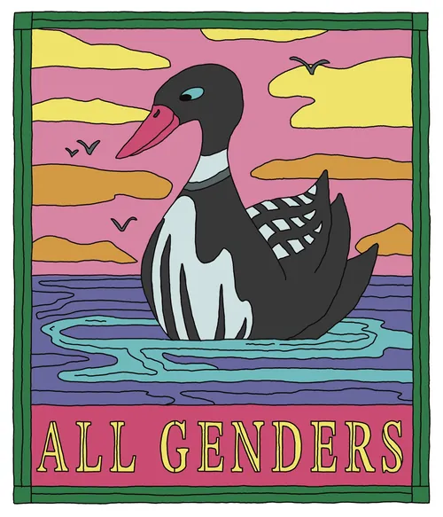Bathroom sign with black and white duck on water at sunset by Samantha Silverman