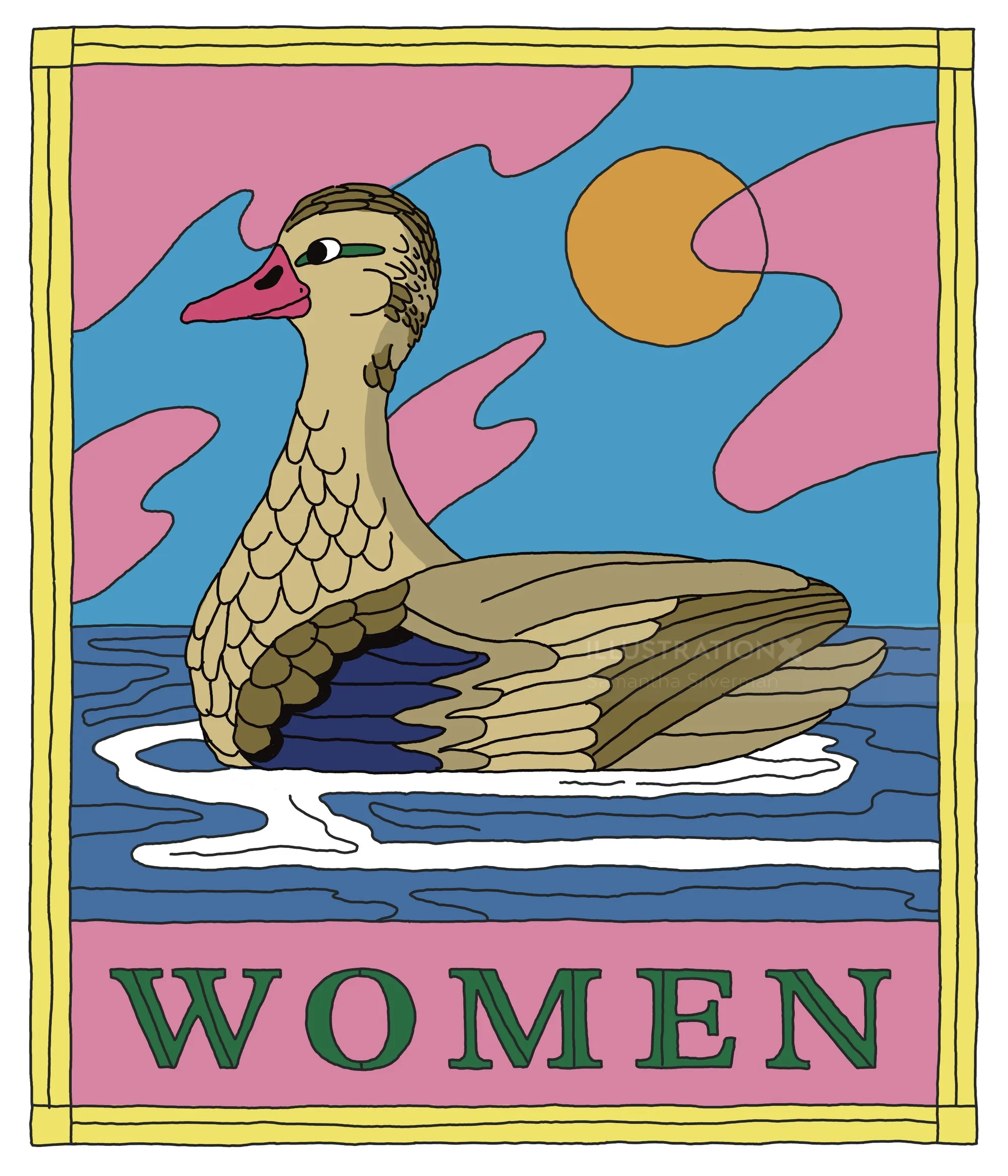 Duck swimming with sun and clouds, bathroom sign by Samantha Silverman