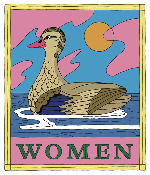 Duck swimming with sun and clouds, bathroom sign by Samantha Silverman