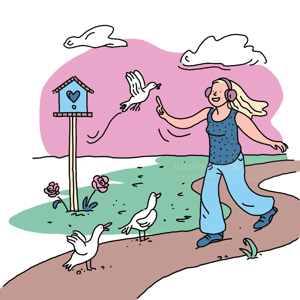 Person joyfully feeding birds near a birdhouse in a park by Samantha Silverman