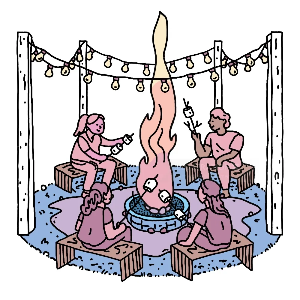 Four people roasting marshmallows around a campfire in the evening by Samantha Silverman