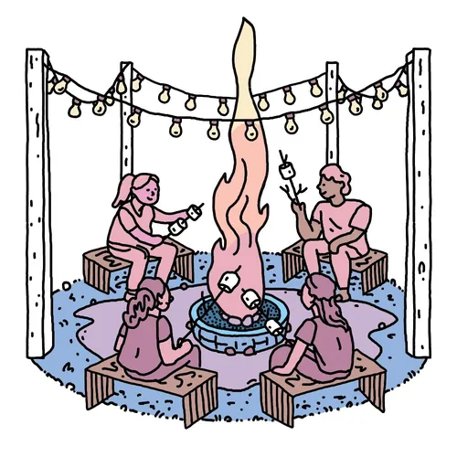 Four people roasting marshmallows around a campfire in the evening by Samantha Silverman