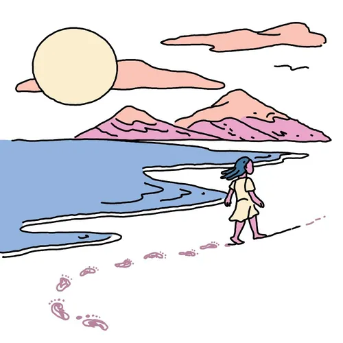 Woman walking along beach leaving footprints under sun by Samantha Silverman