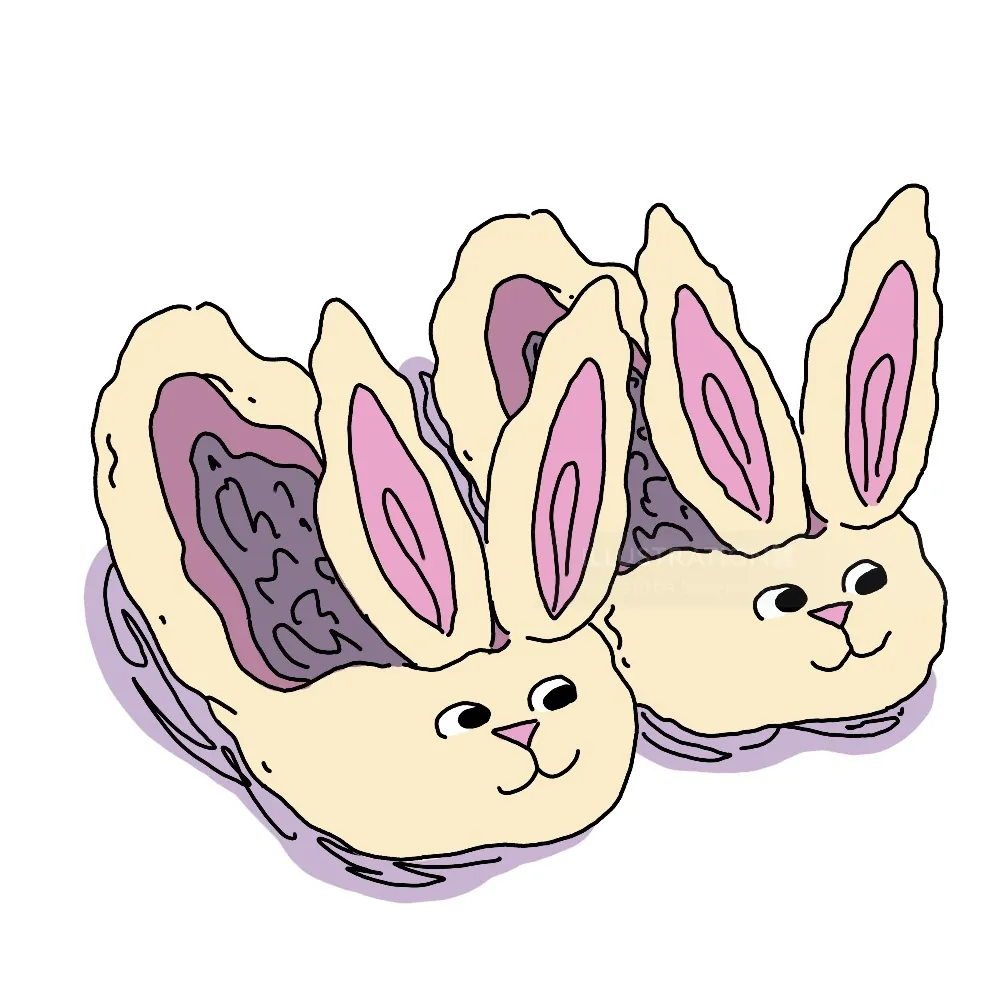 Spot illustration of bunny slippers by Samantha Silverman