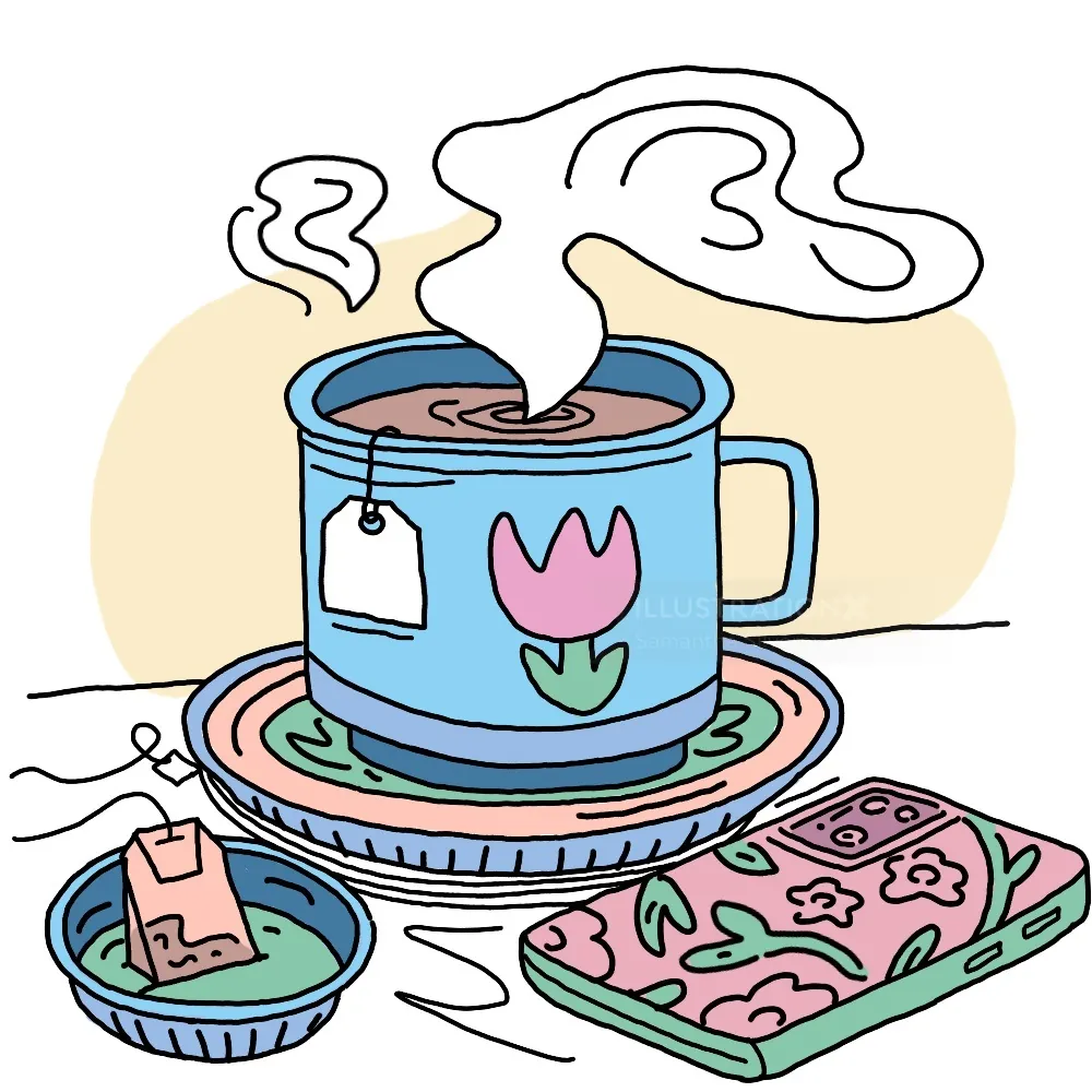 Illustration of steaming blue tea cup with flower design, saucer, and biscuit by Samantha Silverman