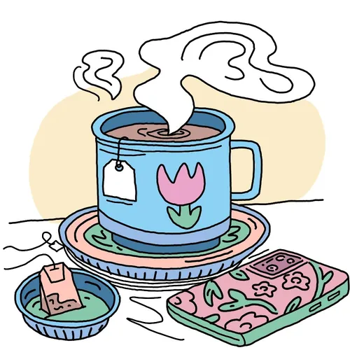 Illustration of steaming blue tea cup with flower design, saucer, and biscuit by Samantha Silverman