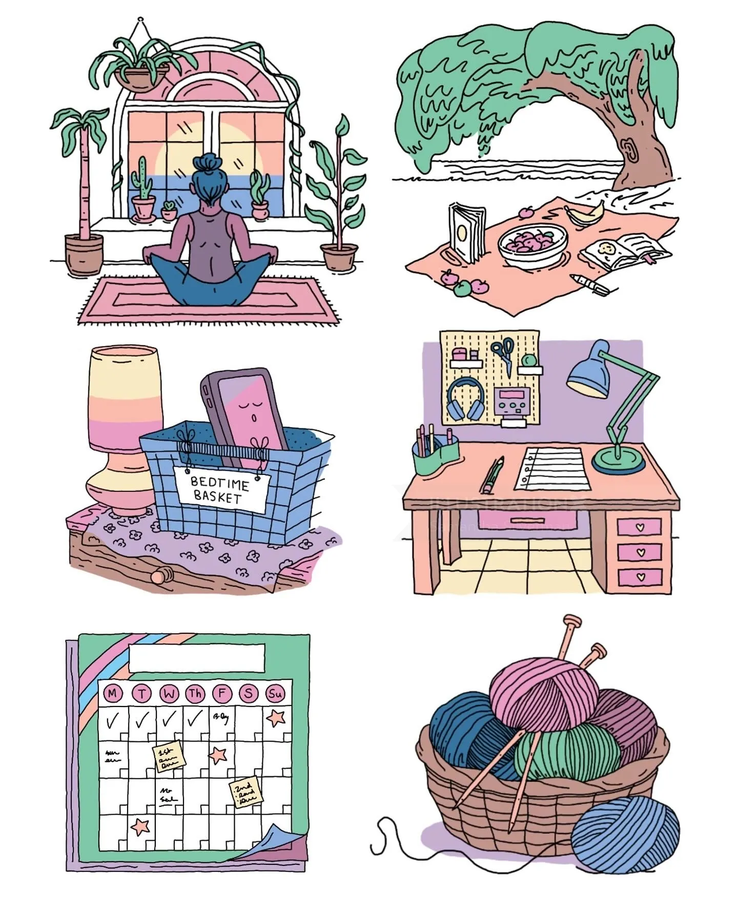 Illustrations of indoor meditation, outdoor picnic, reading basket, workspace, planner, and yarn bas