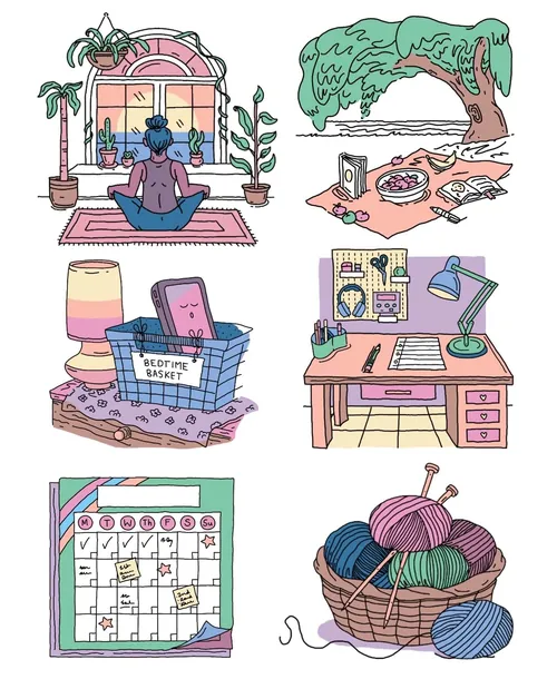 Illustrations of indoor meditation, outdoor picnic, reading basket, workspace, planner, and yarn bas