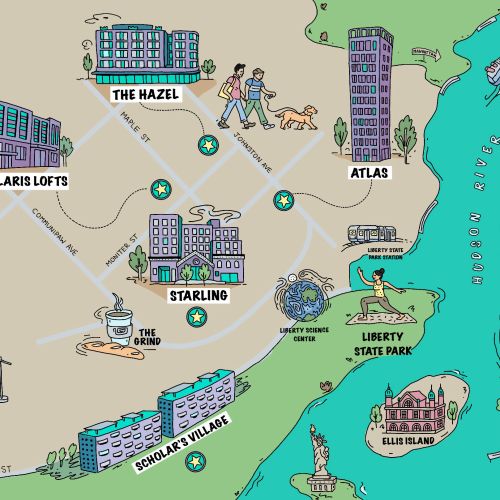 Illustrated map of Jersey City real estate locations by Samantha Silverman