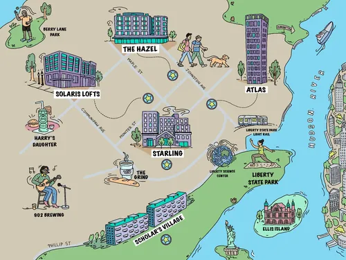 Illustrated map of Jersey City real estate locations by Samantha Silverman