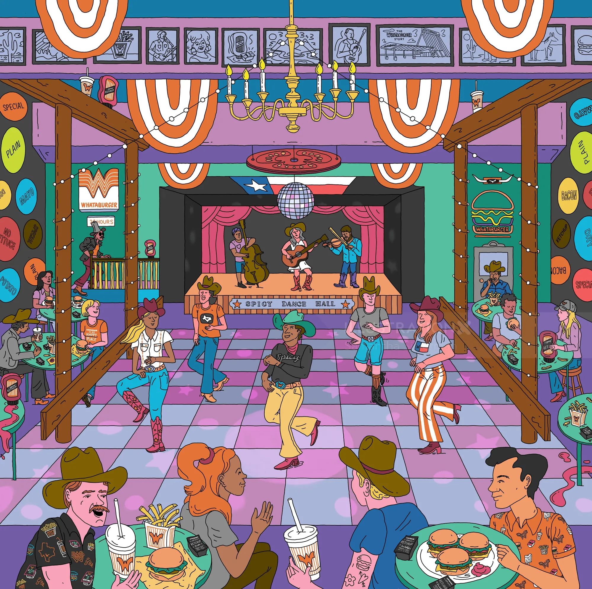 Dance hall with live band and crowd enjoying food and music by Samantha Silverman