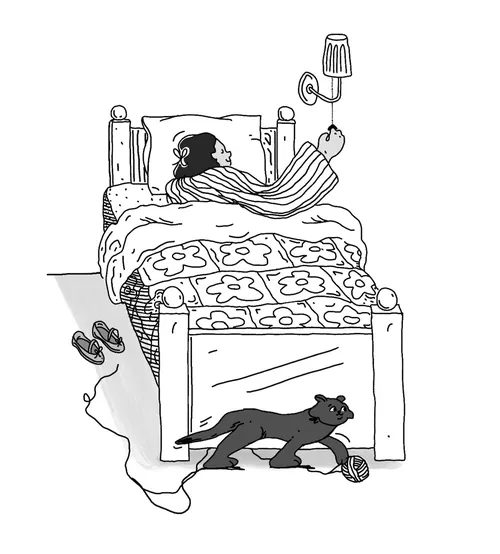 Person sleeping in bed with cat playing on floor by artist Samantha Silverman