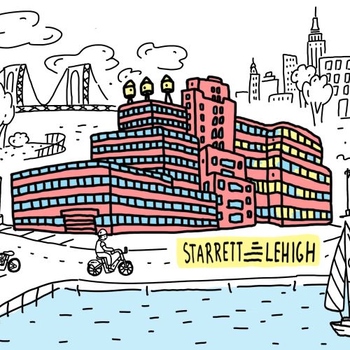 Illustration by Samantha Silverman of the Starrett-Lehigh Building and waterfront in New York City