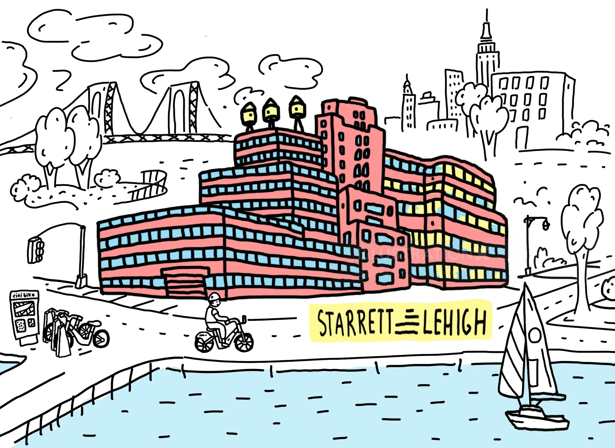 Illustration by Samantha Silverman of the Starrett-Lehigh Building and waterfront in New York City