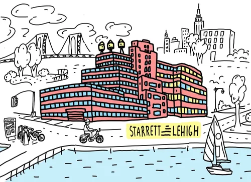 Ilustração de Samantha Silverman do Edifício Starrett-Lehigh e da orla marítima na cidade de Nova York.