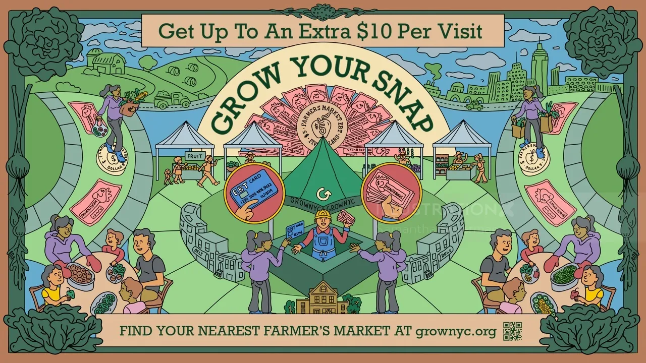 Illustrated GrowNYC poster promoting SNAP benefits at farmers markets by Samantha Silverman