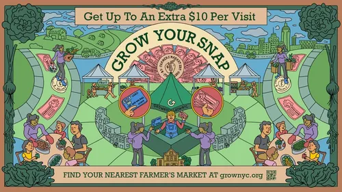 Illustrated GrowNYC poster promoting SNAP benefits at farmers markets by Samantha Silverman