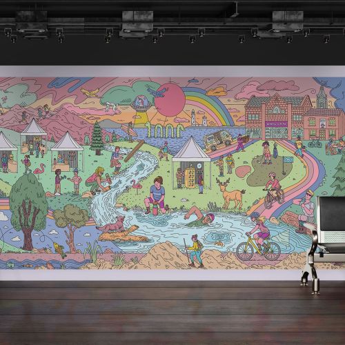 Office mural featuring colorful landscape with people and animals by Samantha Silverman
