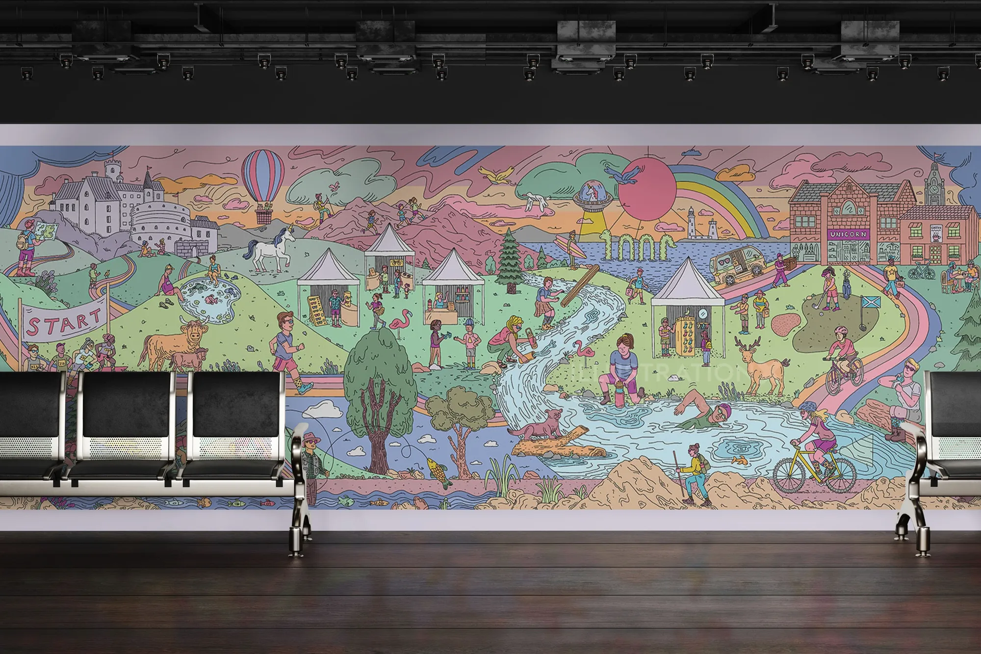 Office mural featuring colorful landscape with people and animals by Samantha Silverman