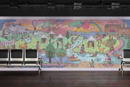 Office mural featuring colorful landscape with people and animals by Samantha Silverman