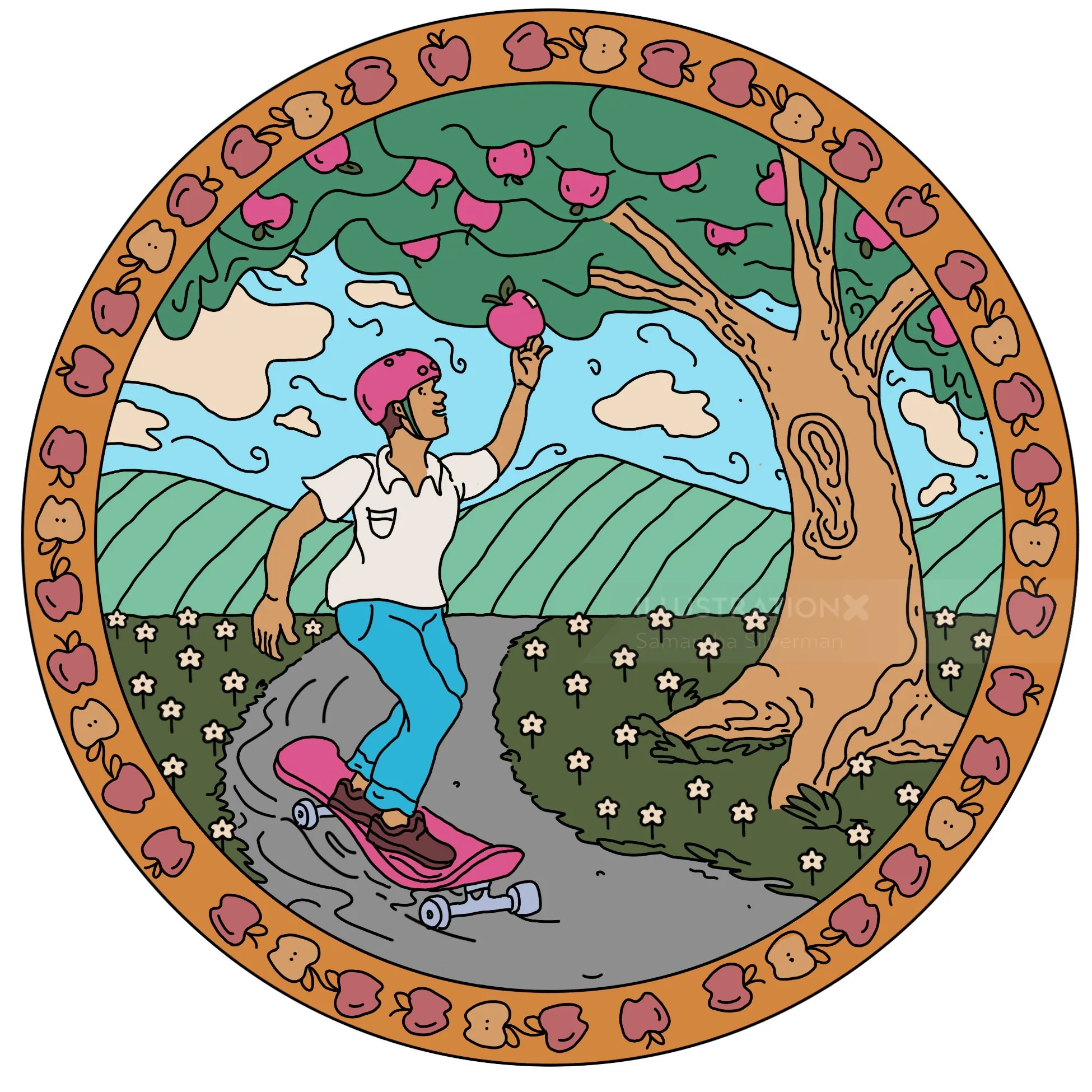 Samantha Silverman Illustration d'un skateur sous un pommier