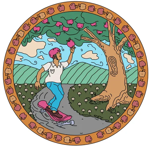 Samantha Silverman Illustration d'un skateur sous un pommier