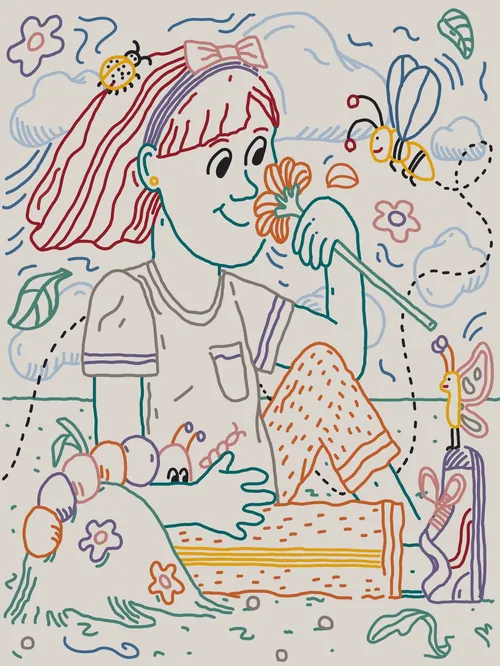 Ilustración de una persona rodeada de flores y animales caprichosos (Término 369).