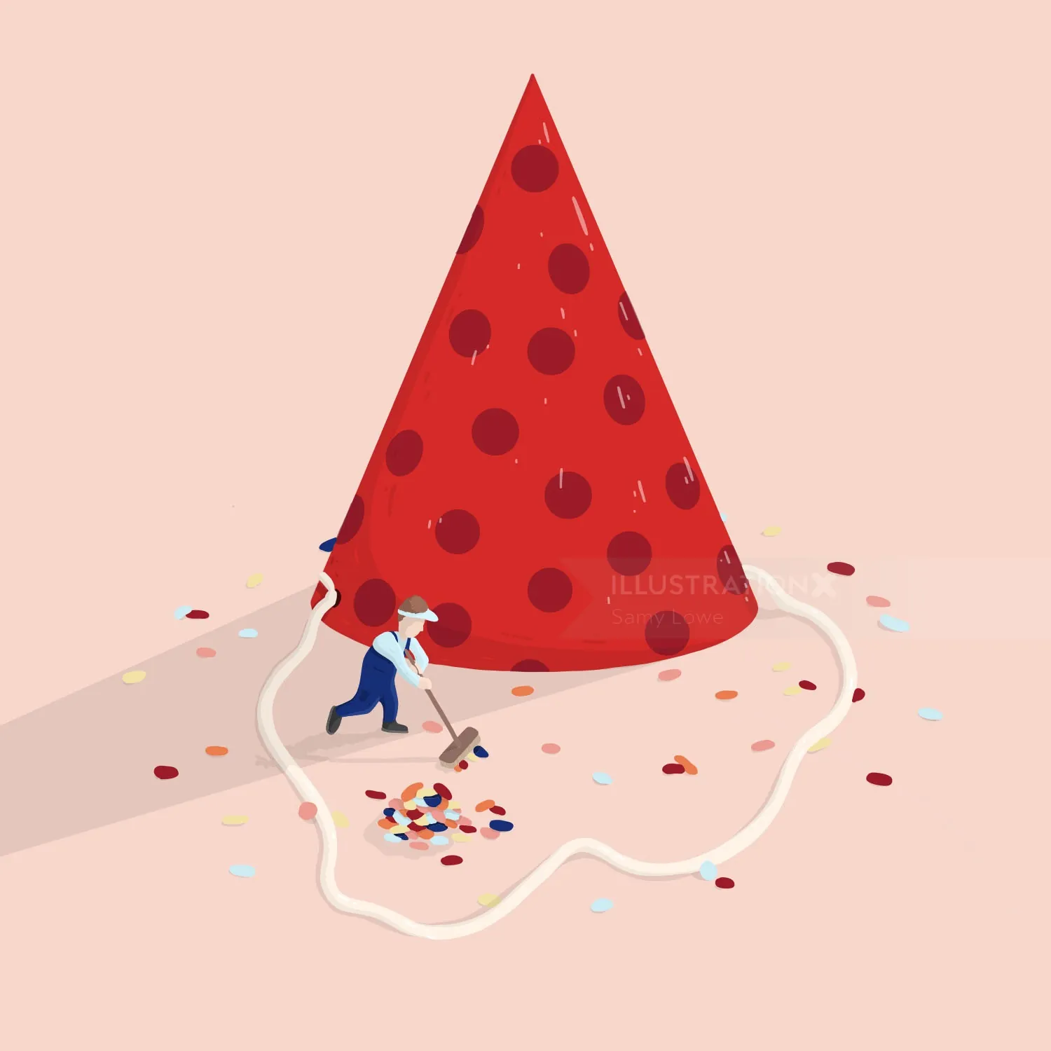 Illustration of a worker cleaning near a giant dotted red party hat by Samy Löwe