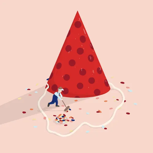Illustration of a worker cleaning near a giant dotted red party hat by Samy Löwe