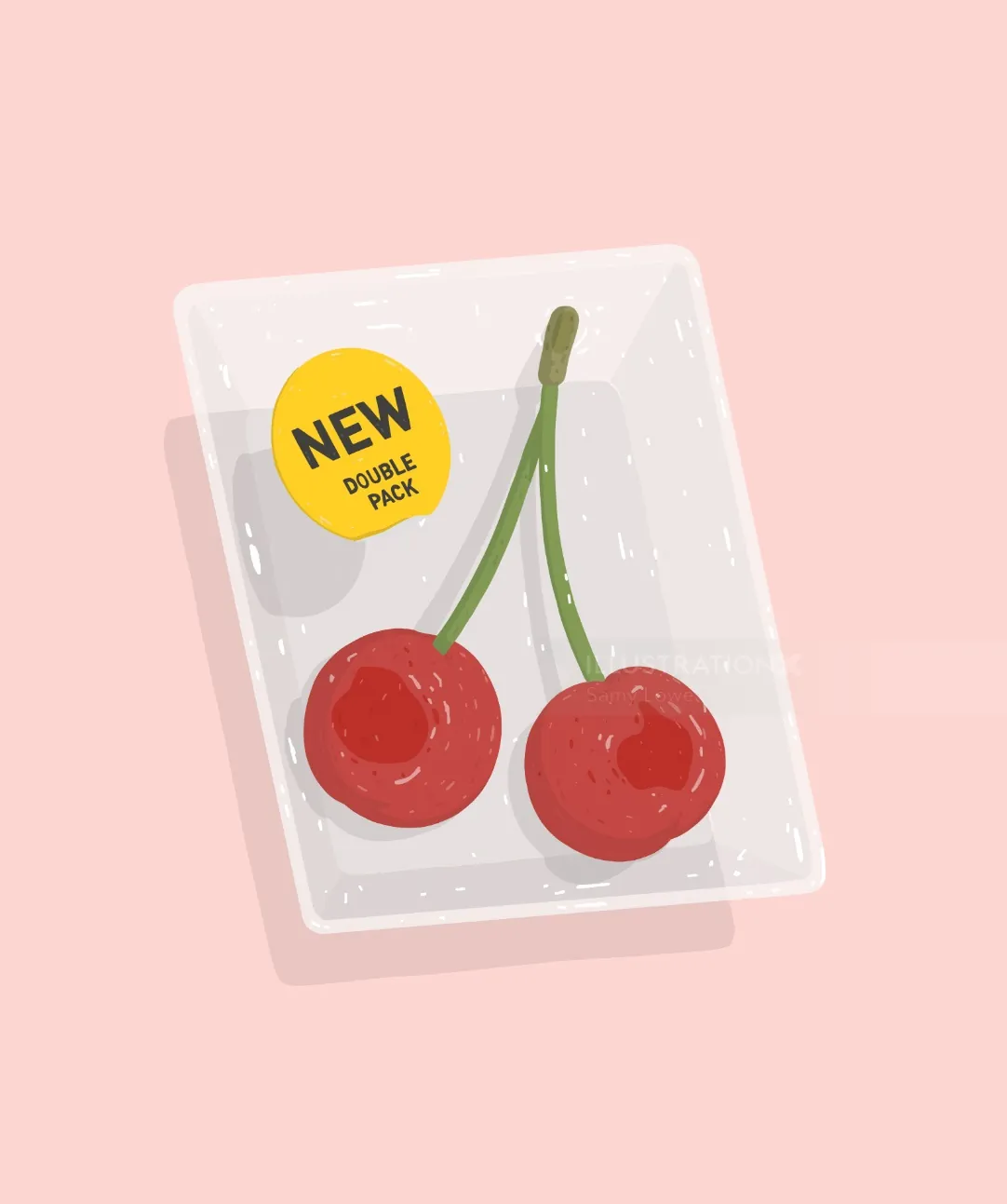 Illustration of packaged cherries with new double pack label by Samy Löwe