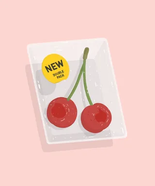 Illustration of packaged cherries with new double pack label by Samy Löwe