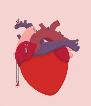 Illustration of a human heart with miniature people climbing and exploring it by Samy Löwe