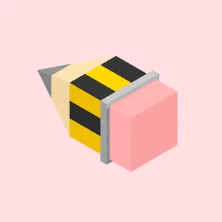 Geometric pencil illustration with yellow and black stripes and pink eraser by Samy Löwe