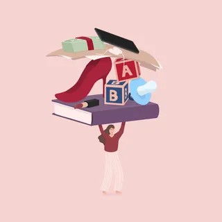 Person balancing stacked objects including books, blocks and pacifier by Samy Löwe