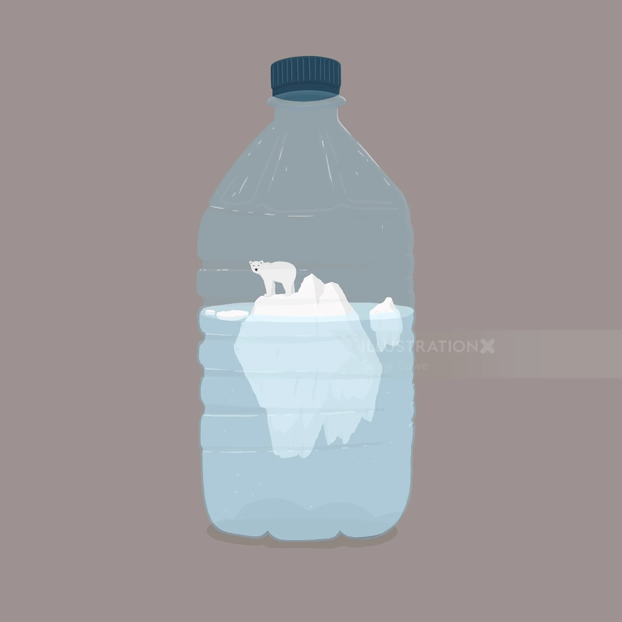 Illustration of polar bear on iceberg inside plastic bottle by Samy Löwe